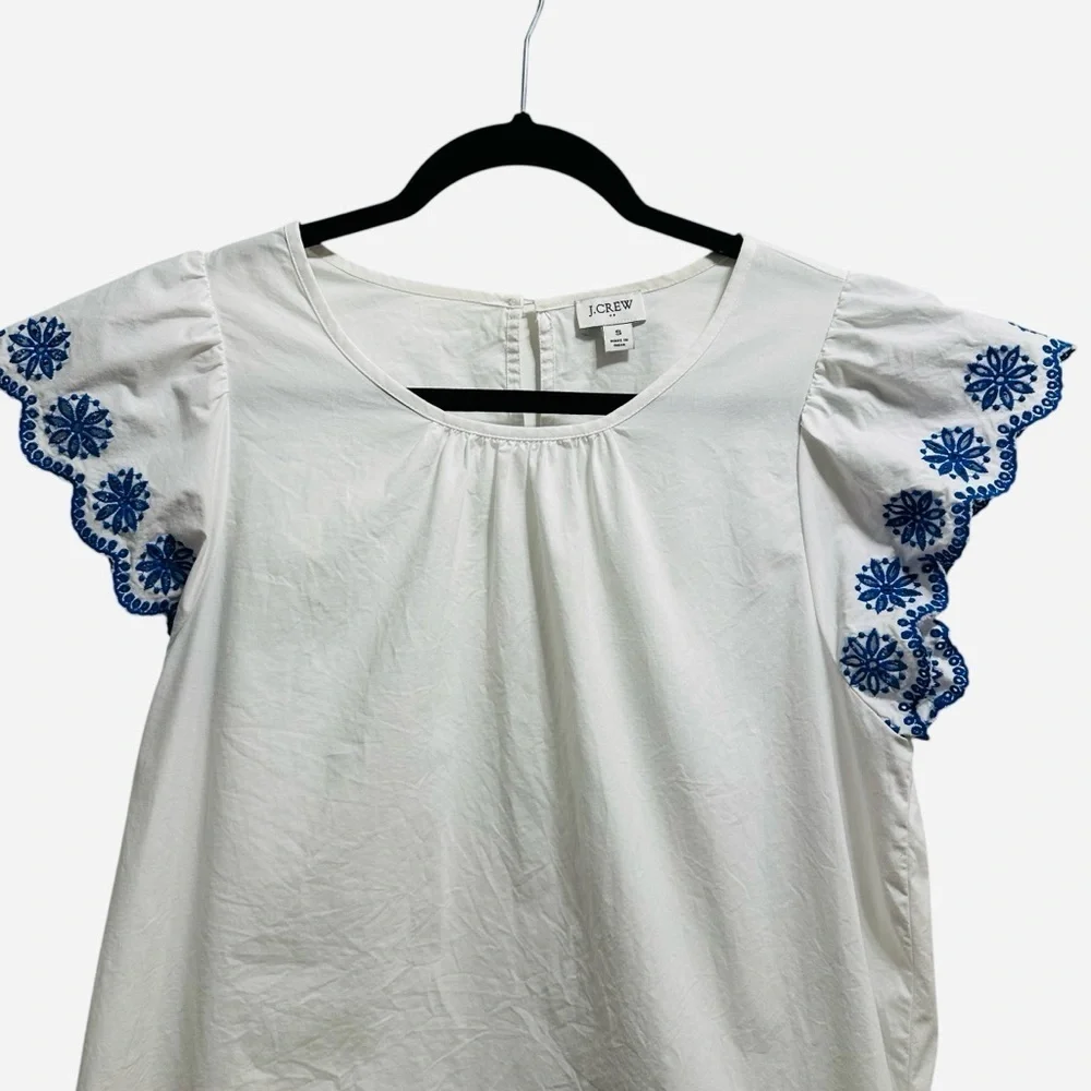 J. Crew embroidered flutter sleeve top white with blue scalloped sleeves Small - Picture 6 of 12